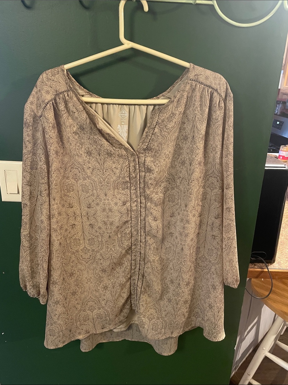 St. John's Bay Taupe Paisley-Print Peasant Blouse Size 3X